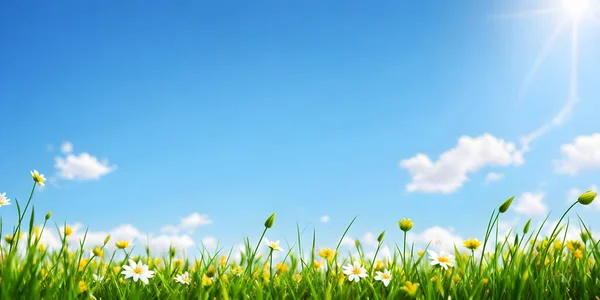 Spring landscape, blossoming field with green grass, white and yellow flowers, blue sky with sun and clouds. Nature illustration. 3d rendering.