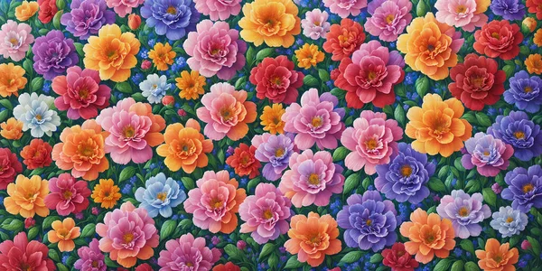 Colorful background of many painted flowers of different types, and green leaves. Nature illustration.