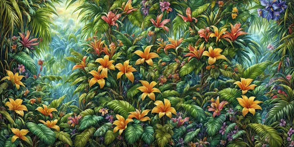 Colorful background of many painted exotic tropical flowers of different types, and green palm leaves. Tropical jungle pristine nature illustration.