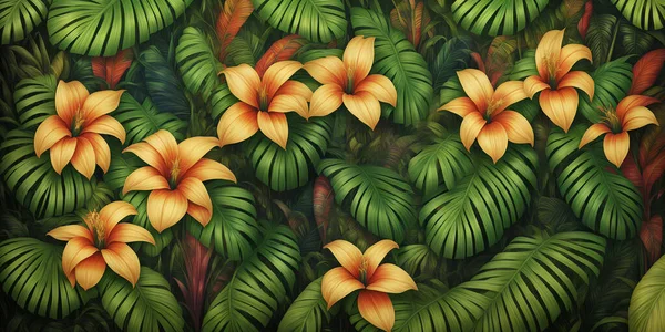 Colorful background of many painted exotic tropical flowers of different types, and green palm leaves. Tropical jungle pristine nature illustration.