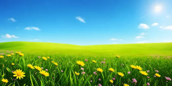 Spring landscape, blossoming field with green grass and yellow flowers, blue sky with sun and clouds. Nature illustration.