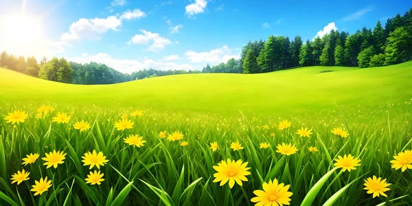 Spring landscape, blossoming field with green grass and yellow flowers, blue sky with sun and clouds, mountains and forest. Nature illustration.