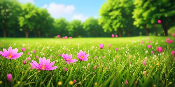 Spring landscape, blossoming field with green grass, white and pink flowers, blue sky with clouds, forest. Nature illustration.