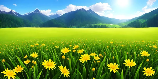 Spring landscape, blossoming field with green grass, yellow flowers, blue sky with sun and clouds, mountains and forest. Nature illustration.