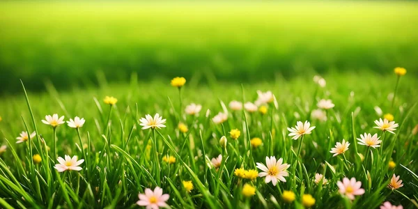 Spring landscape, blossoming field with green grass, white and yellow flowers. Nature illustration