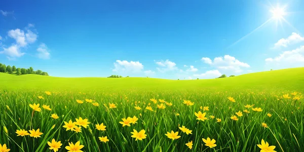 Spring landscape, blossoming field with green grass and yellow flowers, forest, blue sky with sun and clouds. Nature illustration