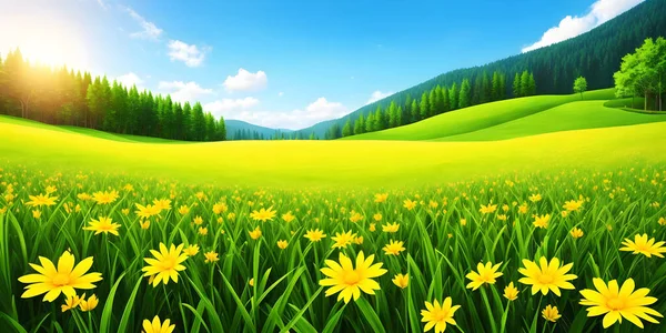 Spring landscape, blossoming field with green grass and yellow flowers, blue sky with sun and clouds, mountains and forest. Nature illustration