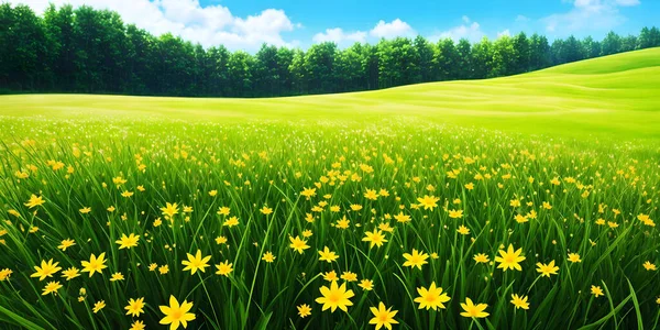 Spring landscape, blossoming field with green grass and yellow flowers, forest, blue sky with clouds. Nature illustration