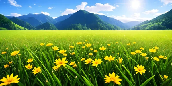 Spring landscape, blossoming field with green grass, yellow flowers, blue sky with sun and clouds, mountains and forest. Nature illustration