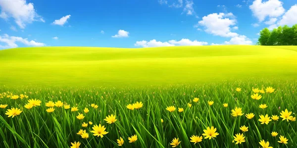 Spring landscape, blossoming field with green grass and yellow flowers, forest, blue sky with clouds. Nature illustration