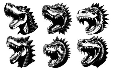 Ağzı açık, sivri dişleri açık, farklı kızgın ifadeli dinozor kafaları. Dövme, amblem veya logo sembolleri, beyaz bir arkaplanda izole edilmiş..