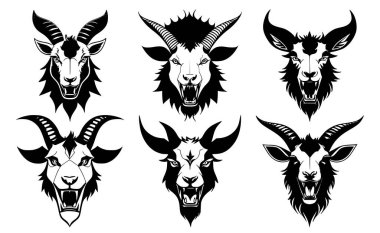 Ağzı açık keçi kafası ve ağzında farklı kızgın ifadeler olan sivri dişleri olan bir grup. Dövme, amblem veya logo sembolleri, beyaz bir arkaplanda izole edilmiş..