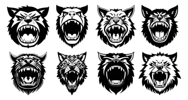 Zestaw Fantastycznych Głów Zwierzęcych Otwartymi Ustami Obnażonymi Kłami Różnymi Gniewnymi — Wektor stockowy
