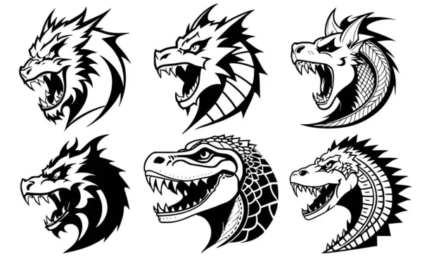一组龙头 张着嘴 露出尖牙 嘴上有着不同的愤怒表情 徽章或标志的符号 用白色背景隔开 — 图库矢量图片