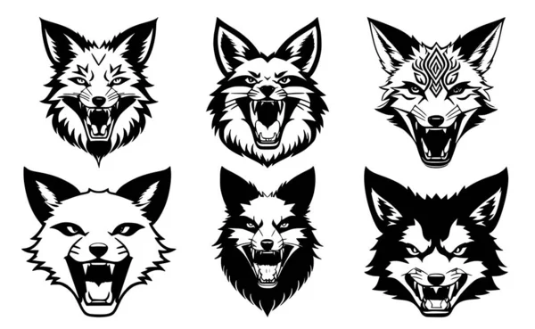 Set Fox Heads Open Mouth Bared Fangs Different Angry Expressions — Stock Vector