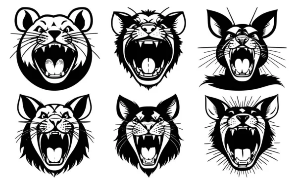 一组小白鼠的头 张着嘴 露出尖牙 嘴上有不同的愤怒表情 徽章或标志的符号 用白色背景隔开 — 图库矢量图片