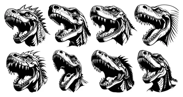 Σετ Από Κεφαλές Τυραννόσαυρου Ανοιχτό Στόμα Και Βαμμένους Κυνόδοντες Διαφορετικές — Διανυσματικό Αρχείο