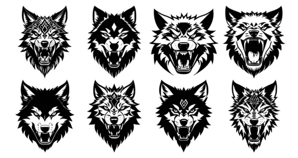 Set Wolf Heads Open Mouth Bared Fangs Different Angry Expressions — Stock Vector