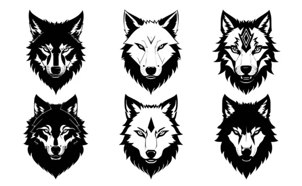 一组狼的头紧闭着嘴 有着不同程度的愤怒表情 徽章或标志的符号 用白色背景隔开 — 图库矢量图片