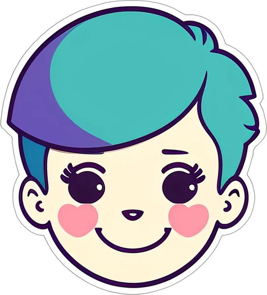 Sticker with a cartoon boy\'s head with a hairstyle and a smile on his funny face, with a white frame around