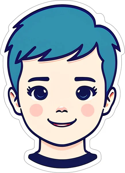 Sticker with a cartoon boy\'s head with a hairstyle and a smile on his funny face, with a white frame around