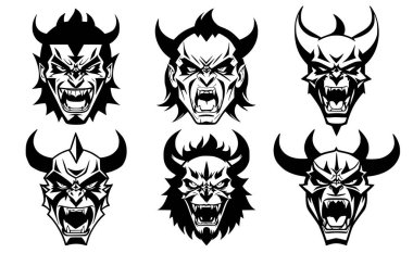 Bir grup boynuzlu şeytan kafası, ağzı açık, dişleri açık, farklı kızgın ifadeleri olan. Dövme, amblem veya logo sembolleri, beyaz bir arkaplanda izole edilmiş..