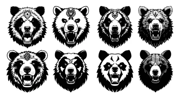 Zestaw Głów Niedźwiedzia Otwartymi Ustami Obnażonymi Kłami Różnymi Gniewnymi Wyrazami — Wektor stockowy