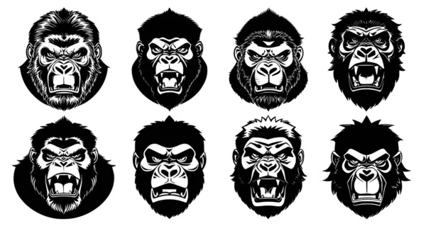 Ensemble Têtes Gorille Bouche Ouverte Crocs Nus Avec Différentes Expressions — Image vectorielle