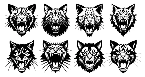 Zestaw Głów Kotów Otwartymi Ustami Obnażonymi Kłami Różnymi Gniewnymi Wyrazami — Wektor stockowy