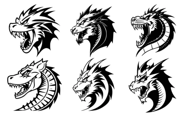 Set Dragon Heads Open Mouth Bared Fangs Different Angry Expressions Stock Vector
