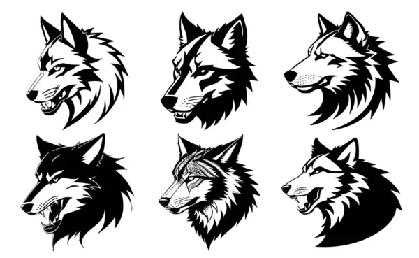Set Wolf Heads Open Mouth Bared Fangs Different Angry Expressions Vector Graphics