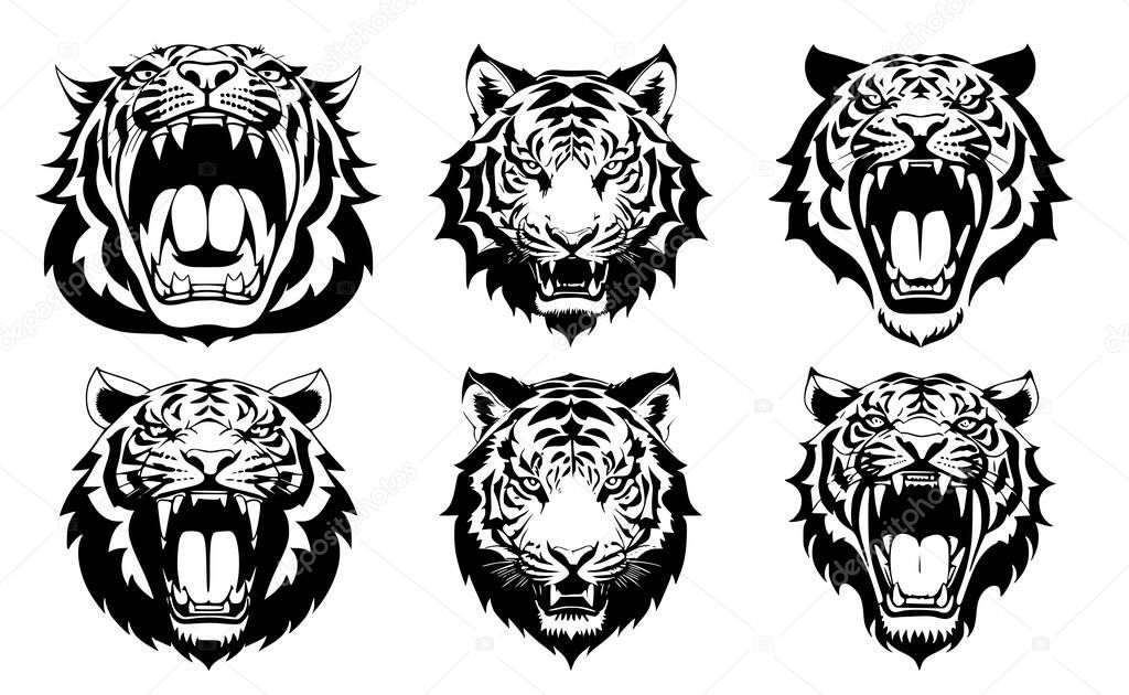 Set of tiger heads with open mouth and bared fangs, with different angry expressions of the muzzle. Symbols for tattoo, emblem or logo, isolated on a white background.