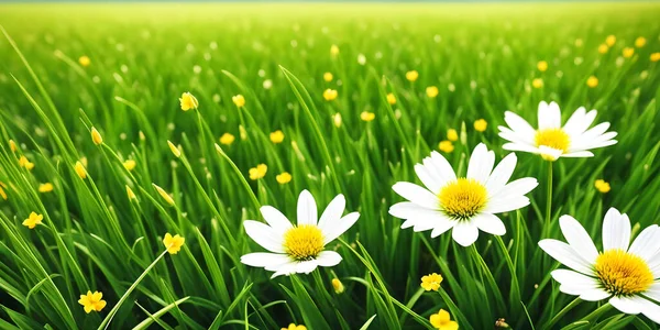 Spring landscape, blossoming field with green grass, small yellow and big white flowers. Nature illustration.