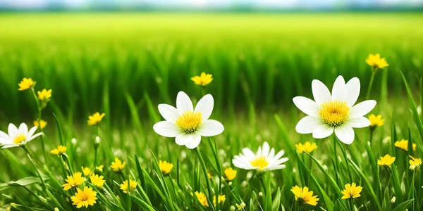 Spring landscape, blossoming field with green grass, white and yellow flowers. Nature illustration.
