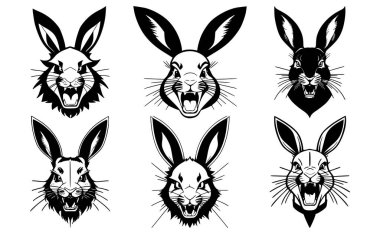 Ağzı açık tavşan kafaları ve ağzında farklı kızgın ifadeler olan sivri dişler. Dövme, amblem veya logo sembolleri, beyaz bir arkaplanda izole edilmiş..