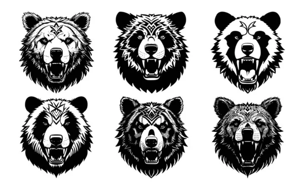 Σετ Από Κεφάλια Αρκούδας Ανοιχτό Στόμα Και Δόντια Αγκαθωτά Δόντια — Διανυσματικό Αρχείο