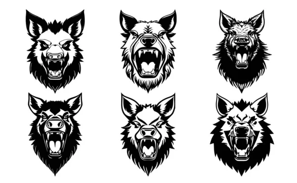 stock vector Set of boar heads with open mouth and bared fangs, with different angry expressions of the muzzle. Symbols for tattoo, emblem or logo, isolated on a white background.