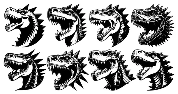Ensemble Têtes Dinosaures Bouche Ouverte Crocs Nus Avec Différentes Expressions — Image vectorielle