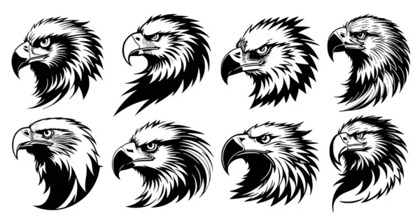 Набір Головок Орла Великими Дзьобами Вид Збоку Символи Татуювання Емблеми — стоковий вектор