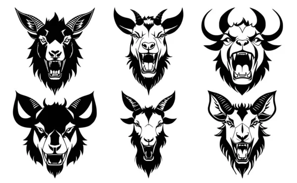 Set Goat Heads Open Mouth Bared Fangs Different Angry Expressions — Stock Vector