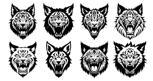 Ensemble Têtes Lynx Bouche Ouverte Crocs Nus Avec Différentes Expressions — Image vectorielle