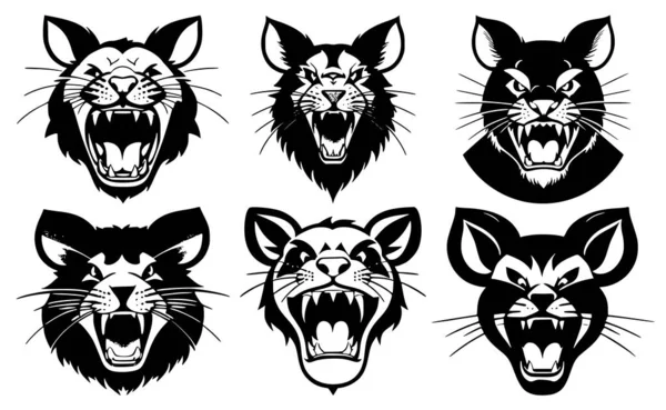 一组小白鼠的头 张着嘴 露出尖牙 嘴上有不同的愤怒表情 徽章或标志的符号 用白色背景隔开 — 图库矢量图片