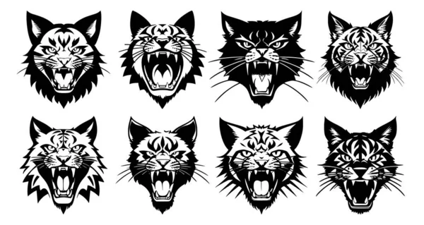 一组猫的头 张着嘴 露出尖牙 嘴上有不同的愤怒表情 徽章或标志的符号 用白色背景隔开 — 图库矢量图片