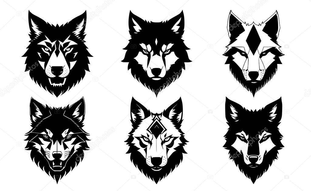 Set of wolf heads with closed mouth, with different angry expressions of the muzzle. Symbols for tattoo, emblem or logo, isolated on a white background.