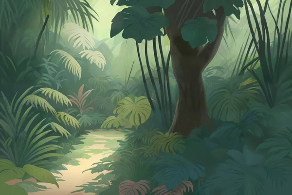 Jungle illustration in pastel colors. Painted beautiful tropical forest with exotic plants, palm trees, big leaves and ferns. Thicket of the rainforest. Simple nature drawing.