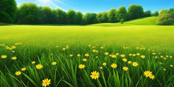 Spring landscape, blossoming field with green grass and yellow flowers, forest, blue sky with clouds. Nature illustration.