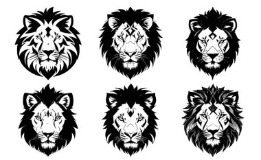 Ağzı kapalı bir aslan kafası seti ve ağızlarının farklı sakin ifadeleri var. Dövme, amblem veya logo sembolleri, beyaz bir arkaplanda izole edilmiş..