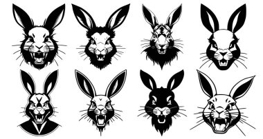 Ağzı açık tavşan kafaları ve ağzında farklı kızgın ifadeler olan sivri dişler. Dövme, amblem veya logo sembolleri, beyaz bir arkaplanda izole edilmiş..