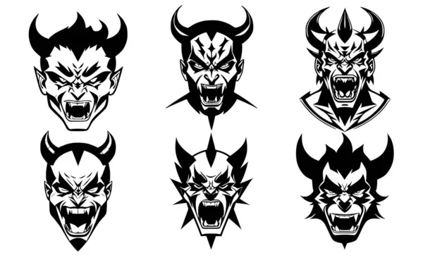 stock vector Set of horned devil heads with open mouth and bared teeth, with different angry expressions of the muzzle. Symbols for tattoo, emblem or logo, isolated on a white background.