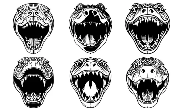 一组蛇头 张着嘴 露出尖牙 带着愤怒的口吻表情 徽章或标志的符号 用白色背景隔开 — 图库矢量图片